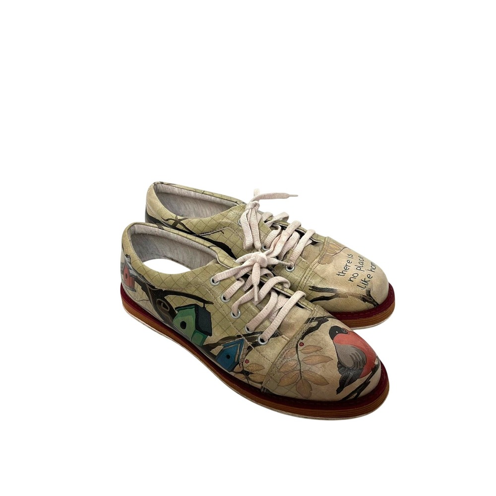 DOGO Painted Vegan Leather Oxfords sz 7.5 Artsy Whimsy Quirky Birds Cottage